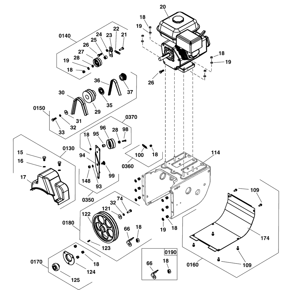 Engine And Frame Group Diagram and Parts List for 1696620-03-M27/1150MD 2020 Briggs and Stratton Snow Blower